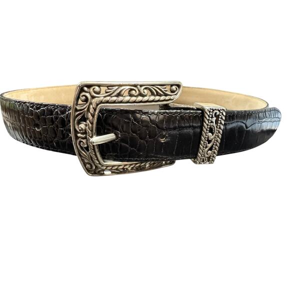 Brighton Black Leather Belt Croc Alligator Embossed Silver Buckle Size M/L 32 main image 4
